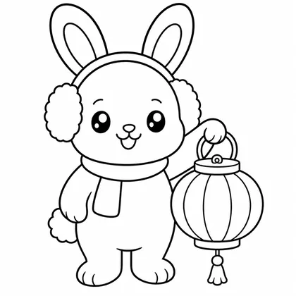 Dibujo de conejo con orejeras y farol para colorear