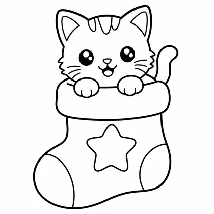 Dibujo de gatito en calcetín de navidad para colorear