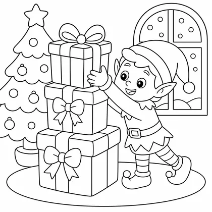 Dibujo de elfo con regalos apilados para colorear