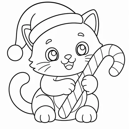 Dibujo de gatito con gorro de navidad para colorear