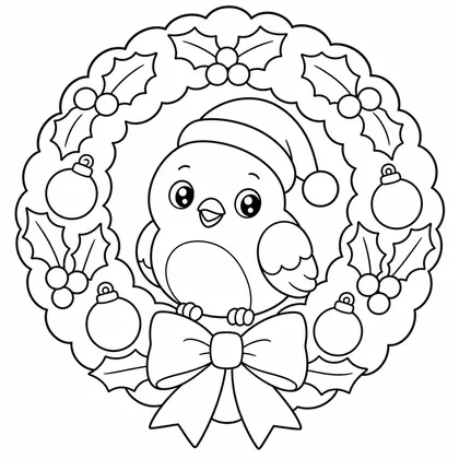Dibujo de pájaro en corona navideña para colorear