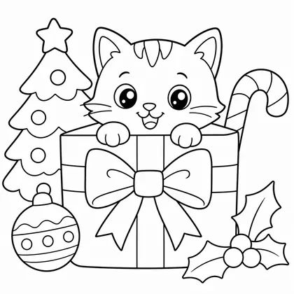 Dibujo de gato con caja regalo para colorear