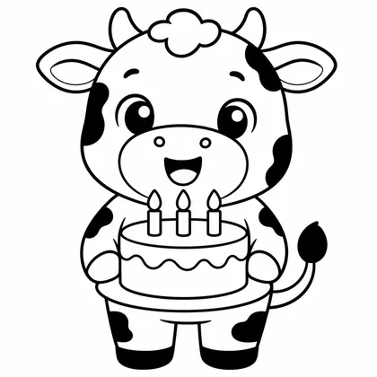 Dibujo de vaca con pastel de cumpleaños para colorear