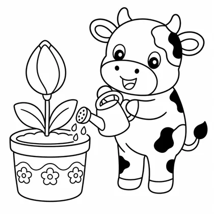 Dibujo de vaca regando una planta para colorear