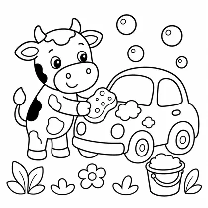 Dibujo de vaca lavando un coche para colorear