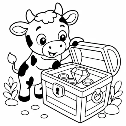Dibujo de vaca con cofre del tesoro para colorear