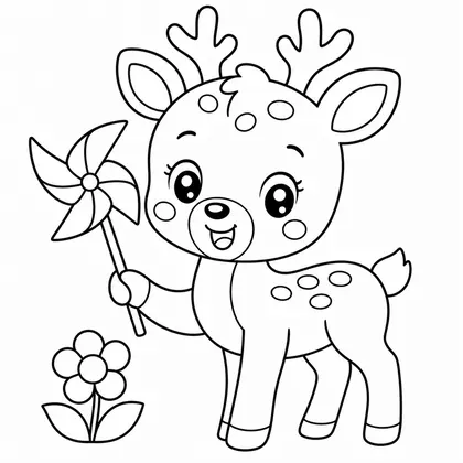 Deer with a pinwheel and flower coloring page