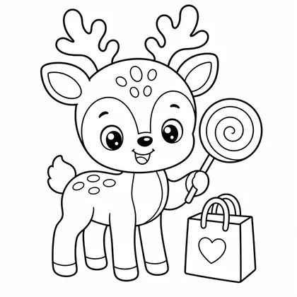 Deer with a lollipop and bag coloring page