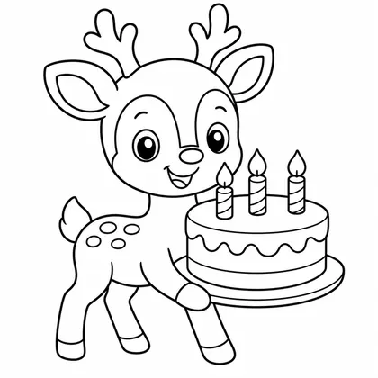 Dibujo de ciervo con tarta de cumpleaños para colorear