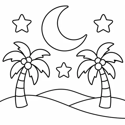 Dibujo de luna y palmeras para colorear