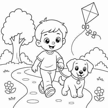 Dog walking with child coloring page