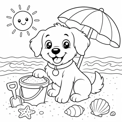 Dog at the beach coloring page
