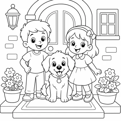 Dog with family coloring page