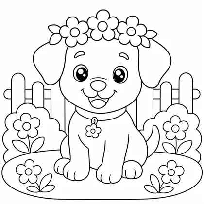 Dibujo de perro con corona de flores para colorear