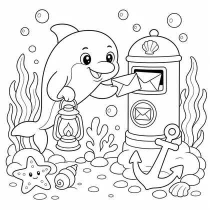 Dolphin with an underwater mailbox coloring page
