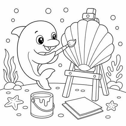 Dolphin painting a shell coloring page