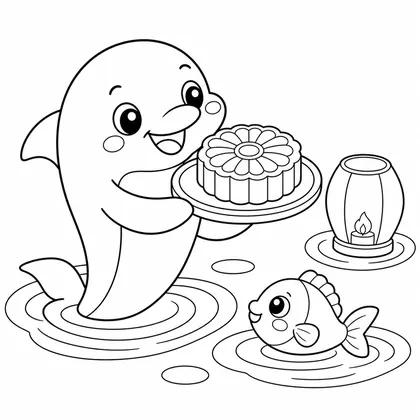 Dolphin with a moon cake coloring page
