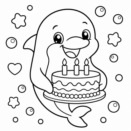 Dibujo de delfín con pastel de cumpleaños para colorear