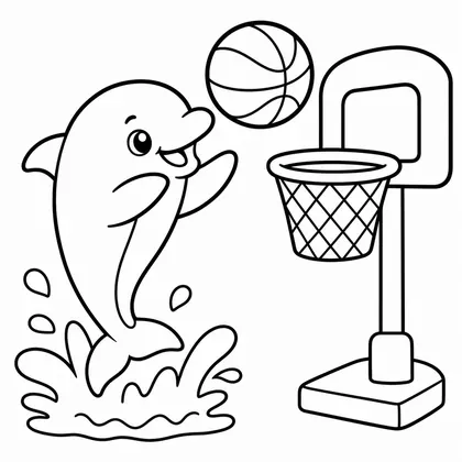 Dibujo de delfín con aro de baloncesto para colorear