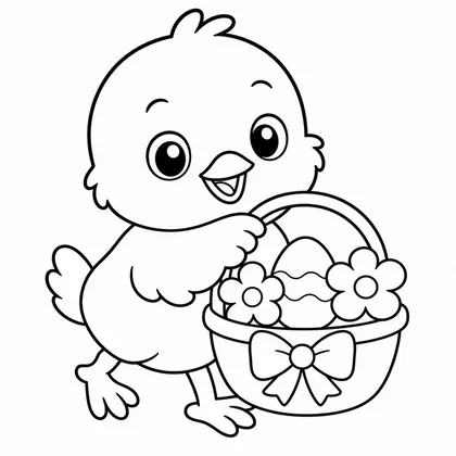 Dibujo de pollito con canasta de flores para colorear