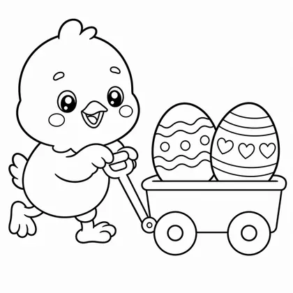 Dibujo de pollito con carrito de huevos para colorear