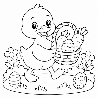 Dibujo de pato con canasta de zanahorias para colorear