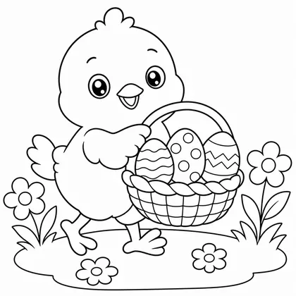 Dibujo de pollito con cesta para colorear
