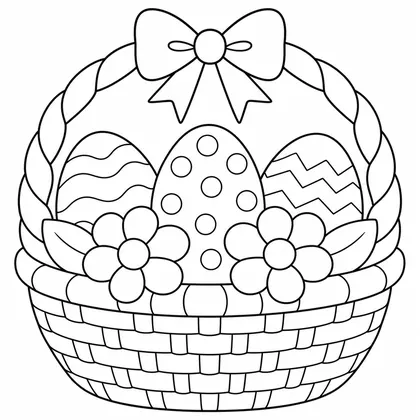 Dibujo de cesta con huevos y flores para colorear