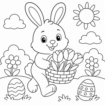 Dibujo de conejo con canasta de tulipanes para colorear