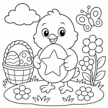 Dibujo de pollito con huevo estrellado para colorear