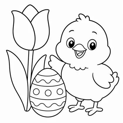 Dibujo de pollito con tulipan para colorear