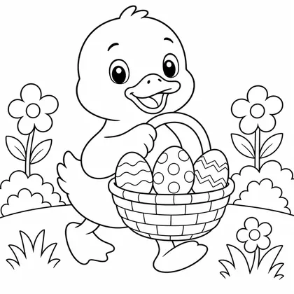 Dibujo de pato con cesta de huevos para colorear
