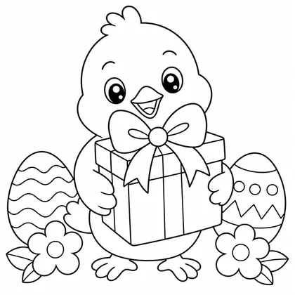 Dibujo de pollito con regalo para colorear