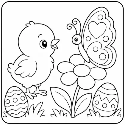 Dibujo de pollito con mariposa para colorear