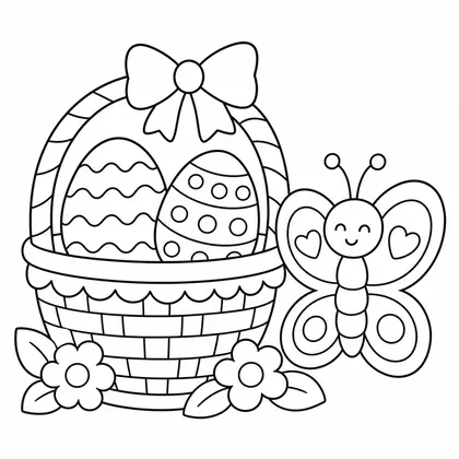 Dibujo de cesta con huevos y mariposa para colorear