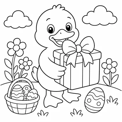 Dibujo de pato con regalo para colorear