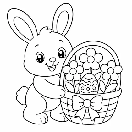 Dibujo de conejo con cesta de flores para colorear