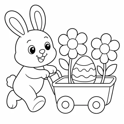 Dibujo de conejo con carrito de flores para colorear