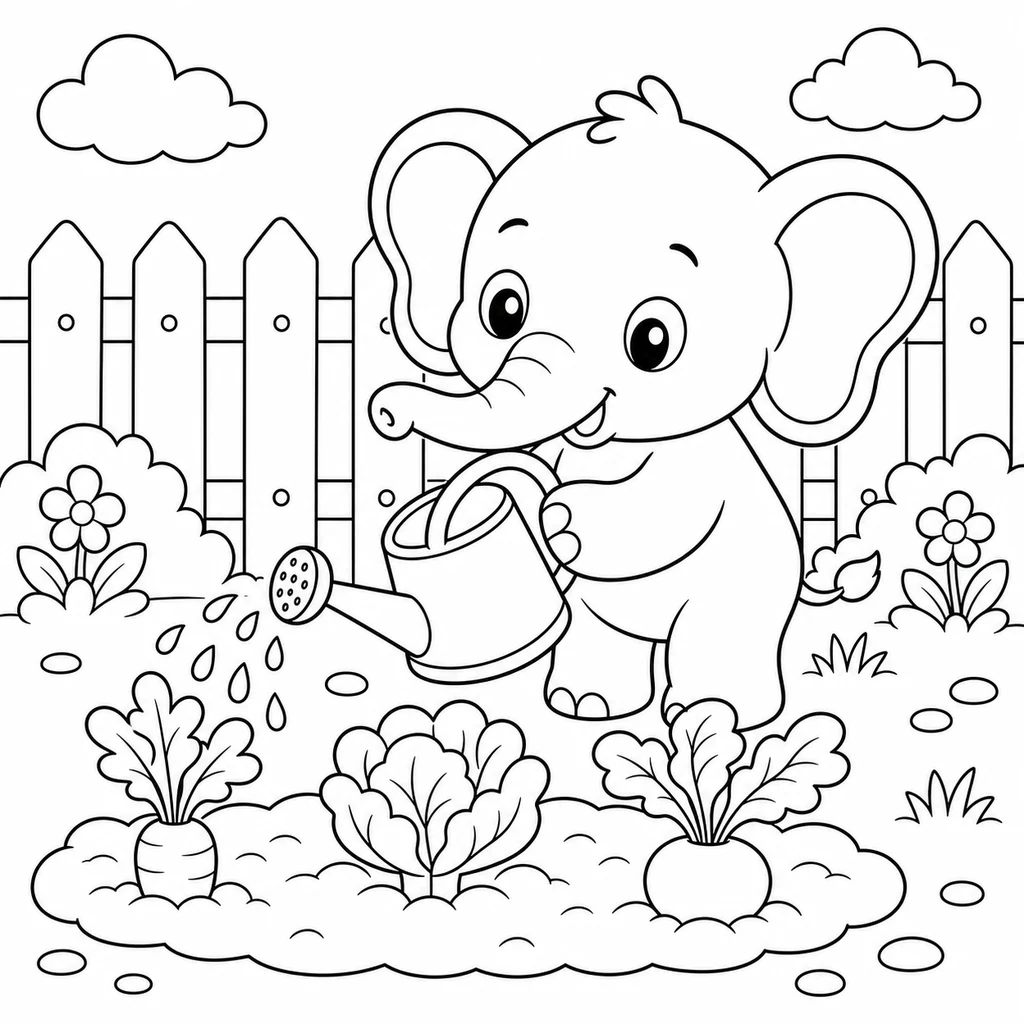 Coloriage : Éléphant qui arrose le potager