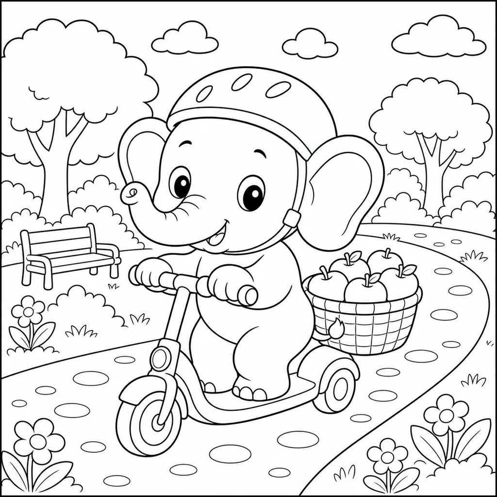 Coloriage : Éléphant en trottinette