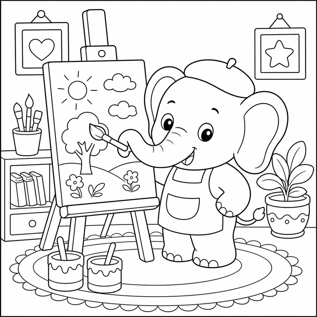 Coloriage : Éléphant qui peint sur un chevalet