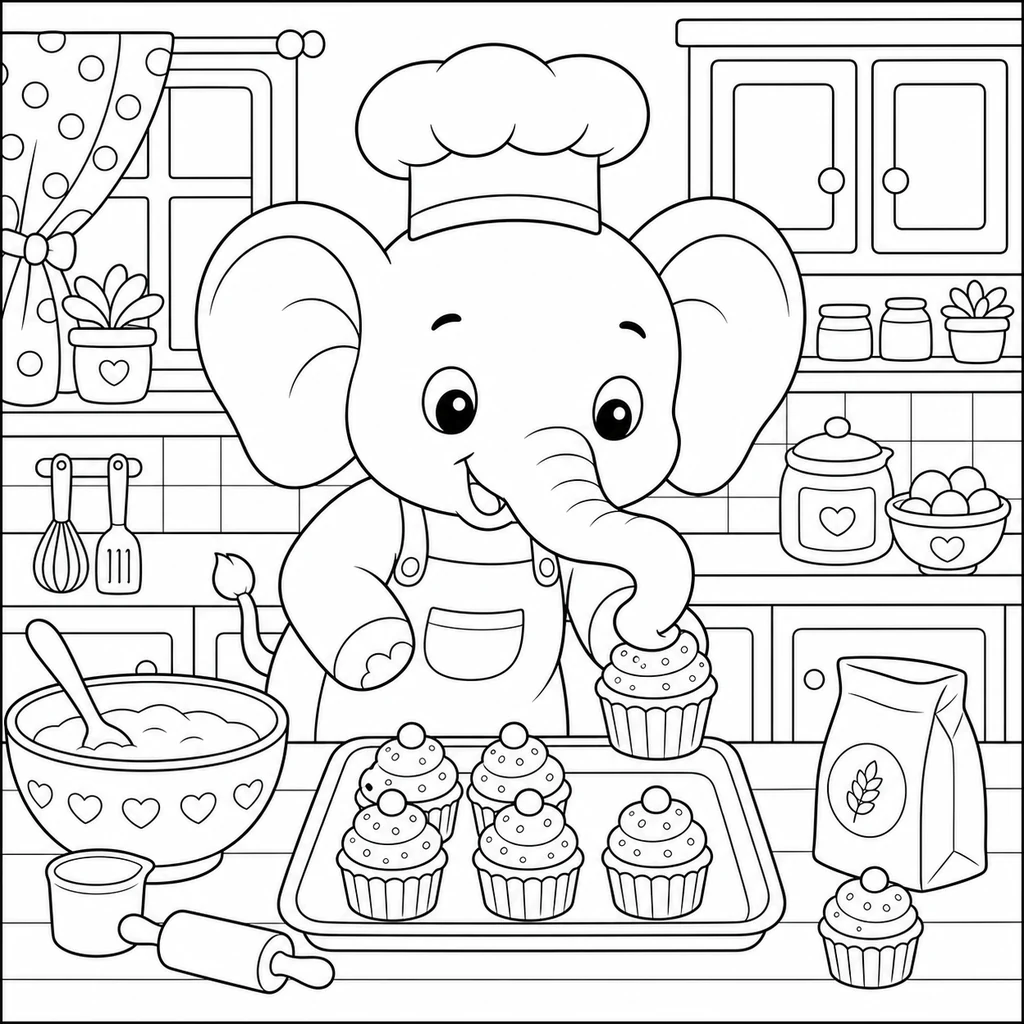 Coloriage : Éléphant qui prépare des cupcakes