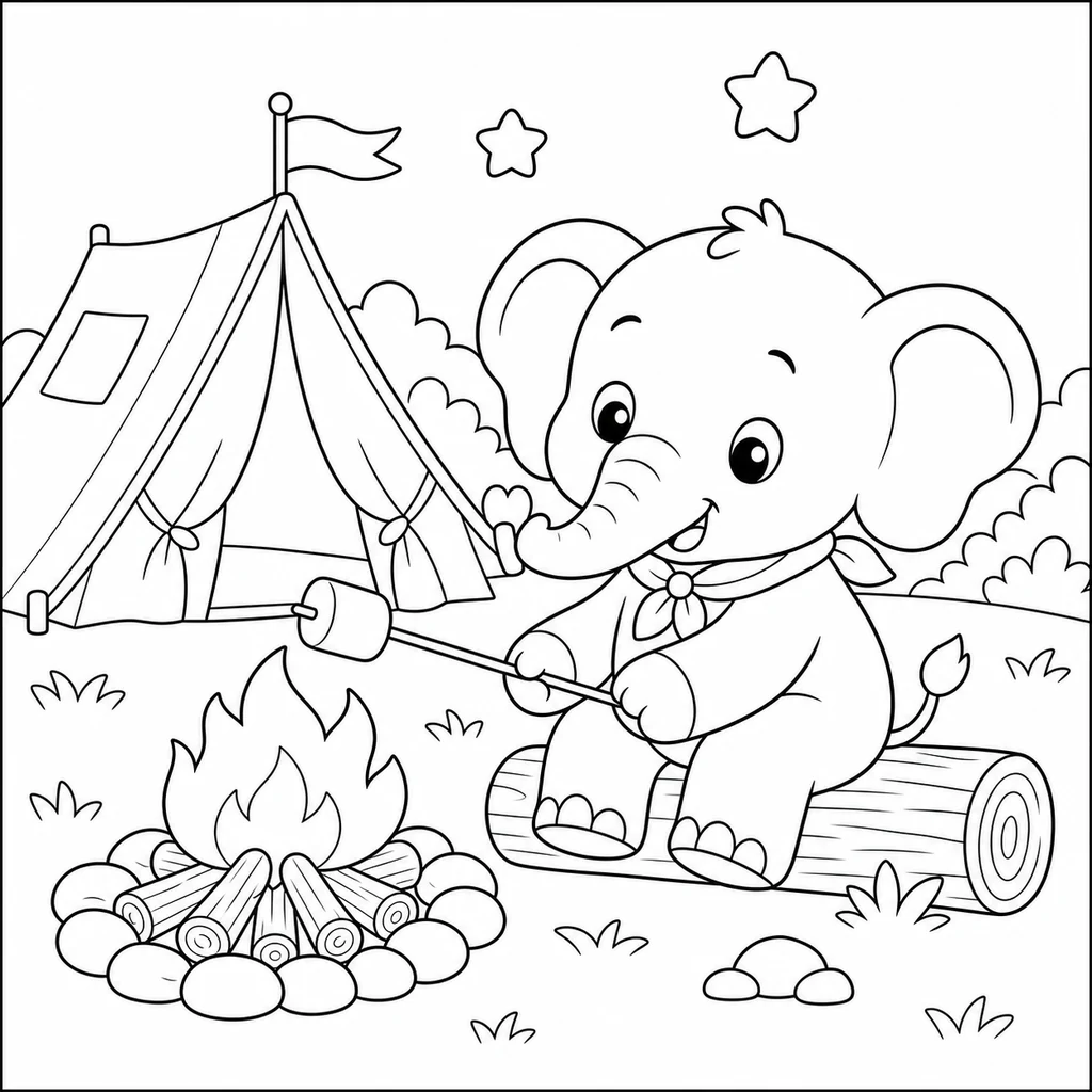 Coloriage : Éléphant en camping