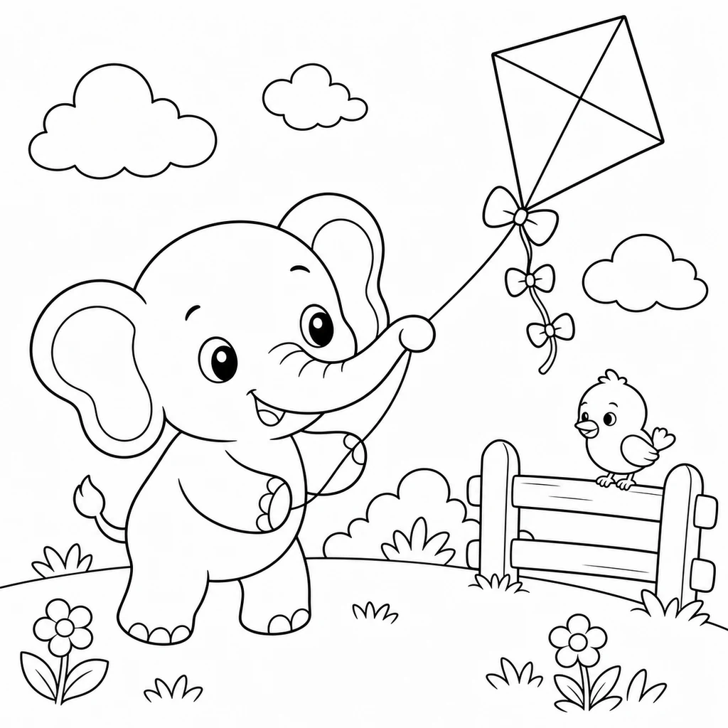 Coloriage : Éléphant qui fait voler un cerf-volant