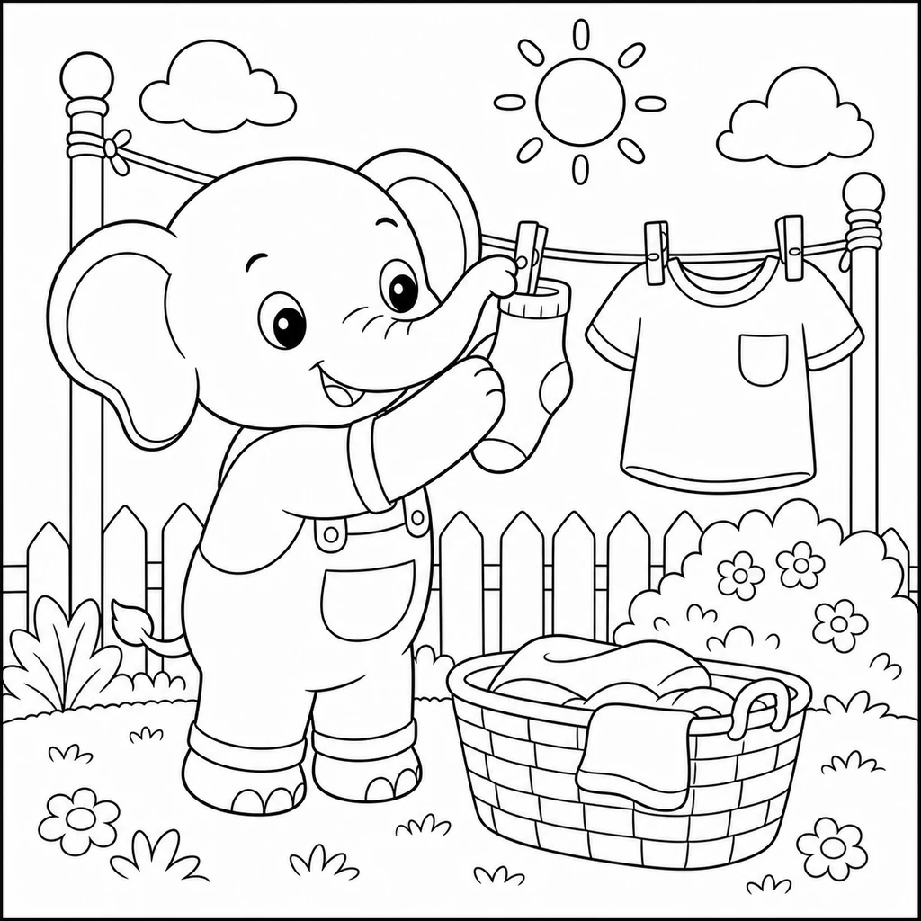 Coloriage : Éléphant qui étend le linge