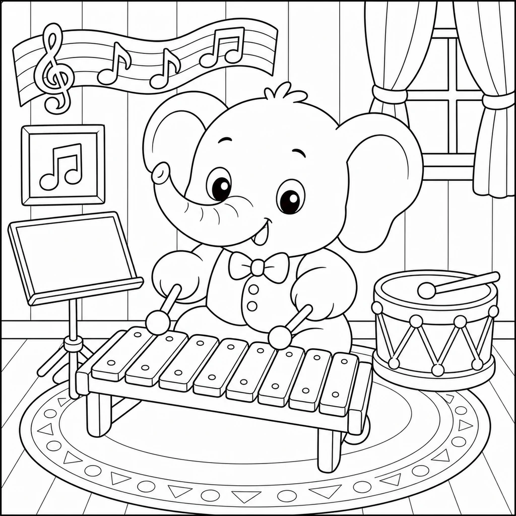 Coloriage : Éléphant avec un xylophone