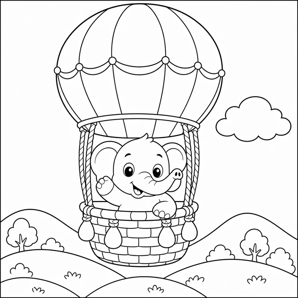 Coloriage : Éléphant en montgolfière