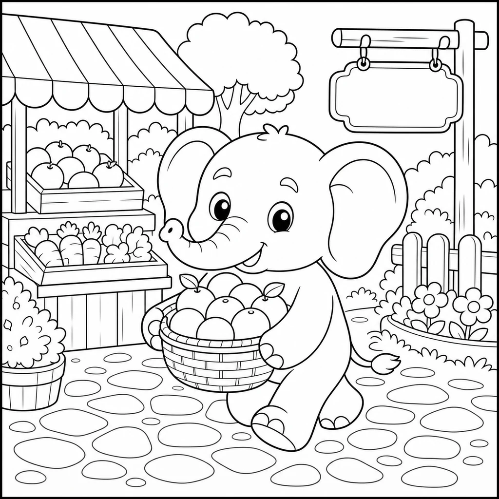 Coloriage : Éléphant au marché
