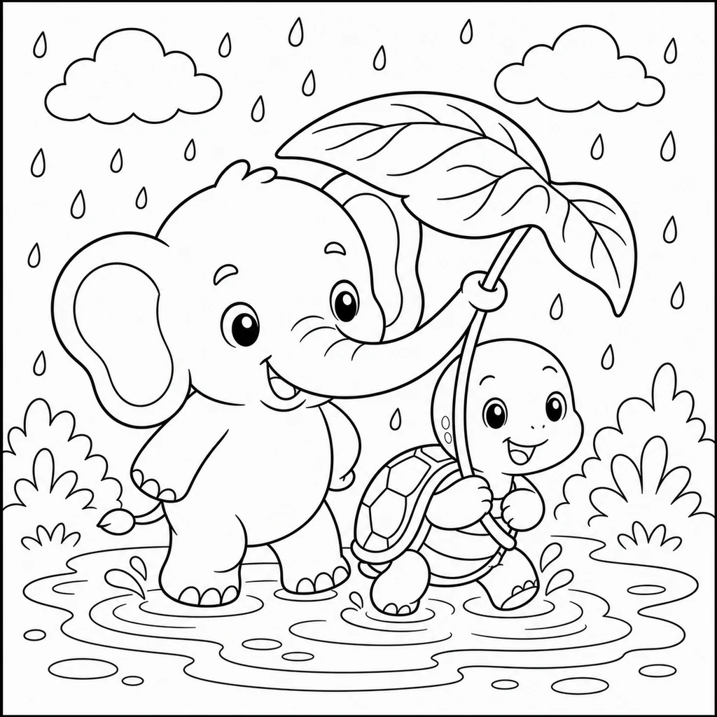 Coloriage : Éléphant avec une feuille-parapluie
