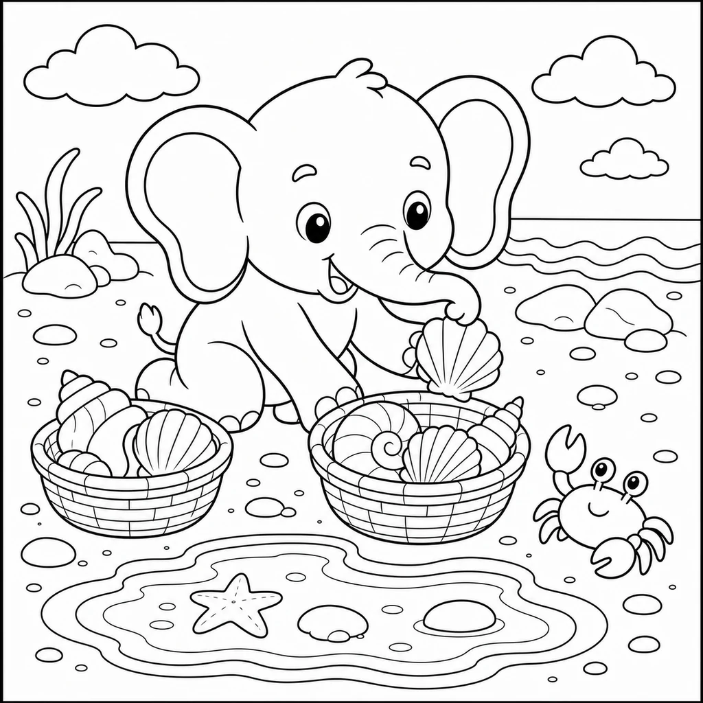 Coloriage : Éléphant qui ramasse des coquillages